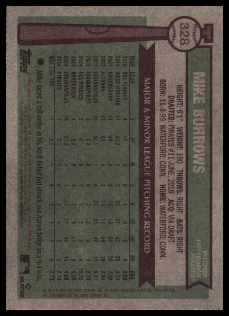 2025 Topps Heritage Mike Burrows RC 328 Pittsburgh Pirates NM - Baseball Card Single