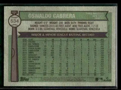 2025 Topps Heritage Oswaldo Cabrera #534 New York Yankees