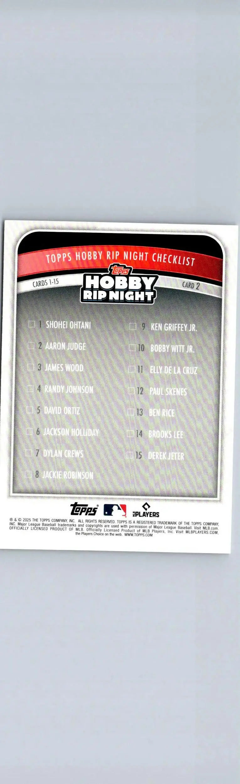 Topps Hobby Rip Night checklist featuring Aaron Judge for 2025 Topps Hobby Rip Night #2