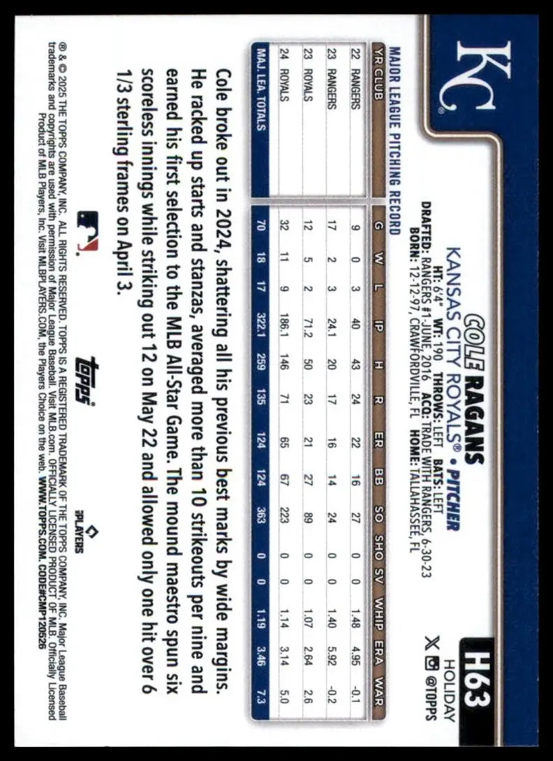 2025 Topps Holiday Cole Ragans #H63 Kansas City Royals Baseball Card MLB Sports - Baseball Card Single