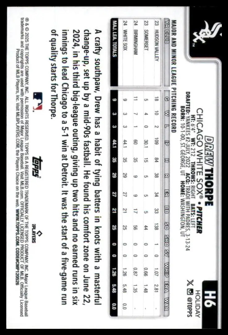 2025 Topps Holiday Drew Thorpe Rookie #H6 Chicago White Sox Baseball MLB Card - Baseball Card Single