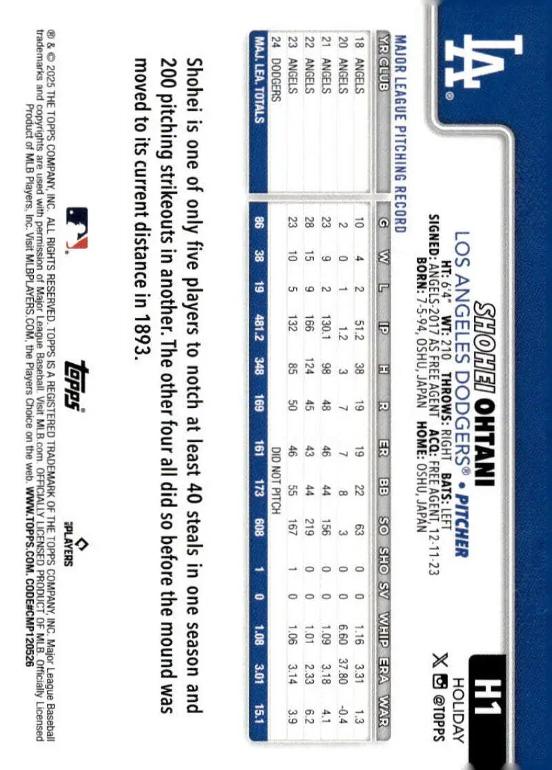 2025 Topps Holiday #H1 Shohei Ohtani NM-MT Los Angeles Dodgers Baseball Card - Baseball Card Single