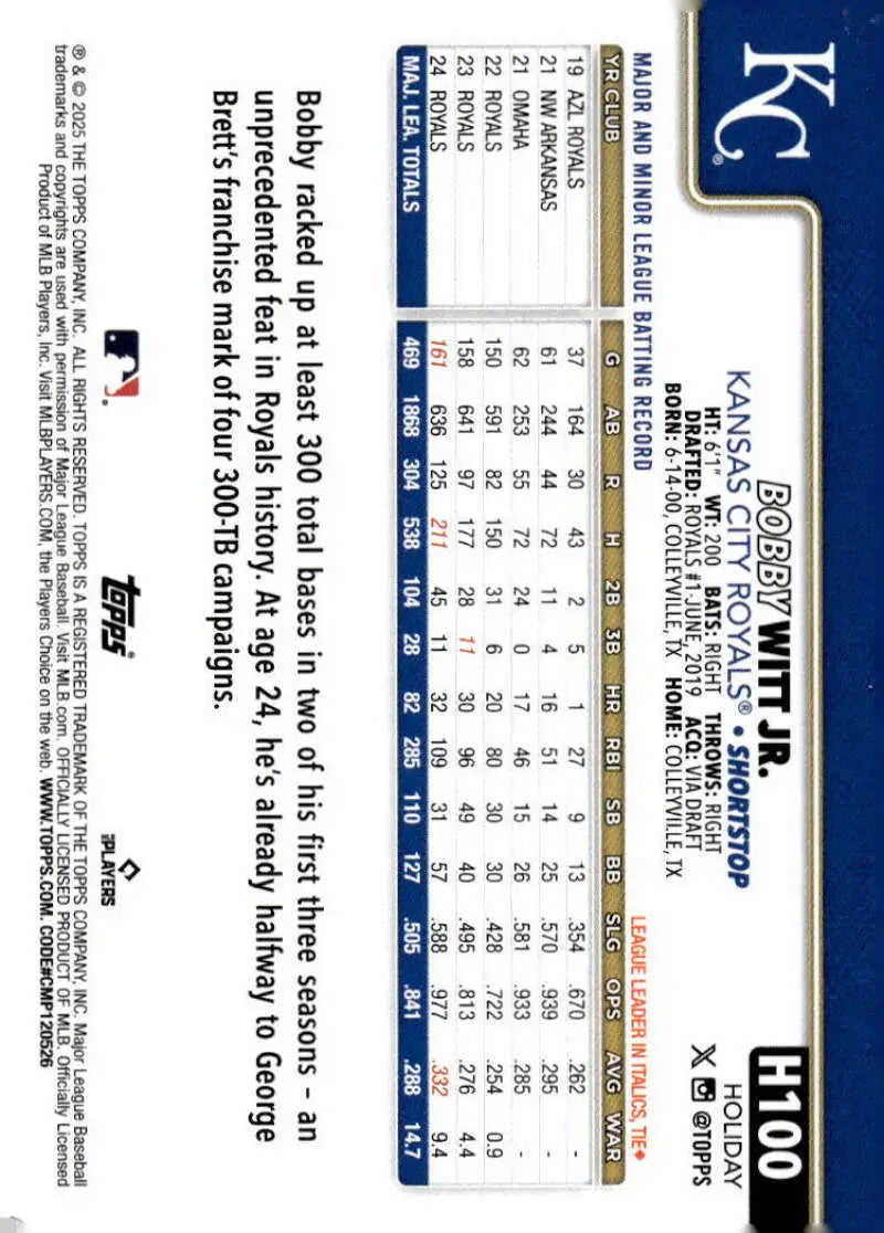 2025 Topps Holiday #H100 Bobby Witt Jr. NM-MT Kansas City Royals Baseball Card - Baseball Card Single