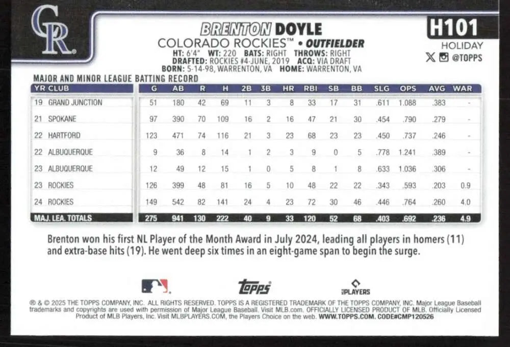 2025 Topps Holiday #H101 Brenton Doyle NM-MT Colorado Rockies Baseball Card