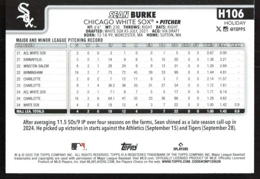 2025 Topps Holiday #H106 Sean Burke NM-MT RC Rookie Chicago White Sox Baseball Card - Baseball Card Single