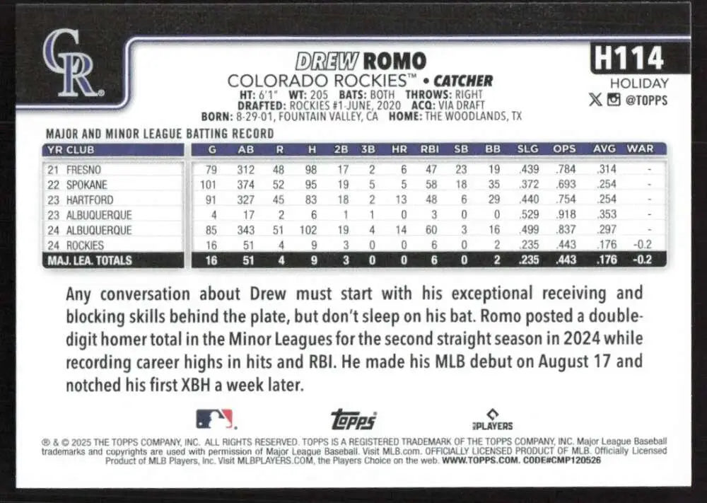 2025 Topps Holiday #H114 Drew Romo NM-MT RC Rookie Colorado Rockies Baseball Card - Baseball Card Single