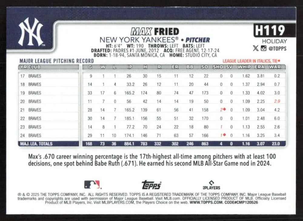 2025 Topps Holiday #H119 Max Fried NM-MT New York Yankees Baseball Card - Baseball Card Single