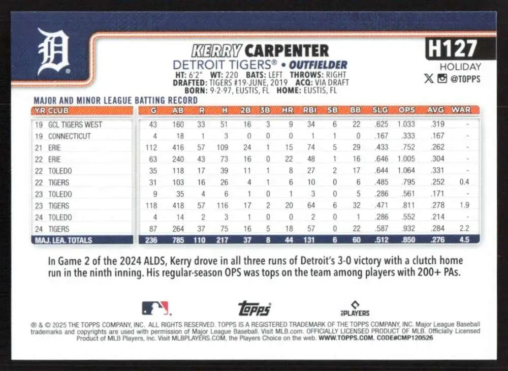2025 Topps Holiday #H127 Kerry Carpenter NM-MT Detroit Tigers Baseball Card - Baseball Card Single