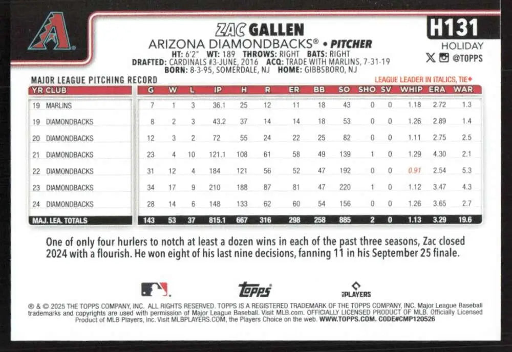 2025 Topps Holiday #H131 Zac Gallen NM-MT Arizona Diamondbacks Baseball Card - Baseball Card Single