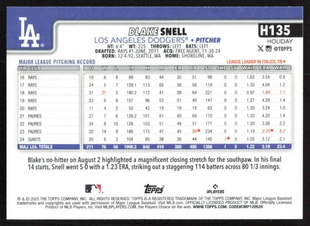 2025 Topps Holiday #H135 Blake Snell NM-MT Los Angeles Dodgers Baseball Card - Baseball Card Single