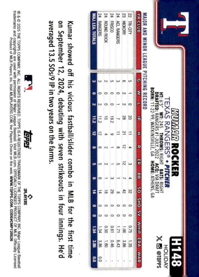 2025 Topps Holiday #H148 Kumar Rocker NM-MT RC Rookie Texas Rangers Baseball Card - Baseball Card Single