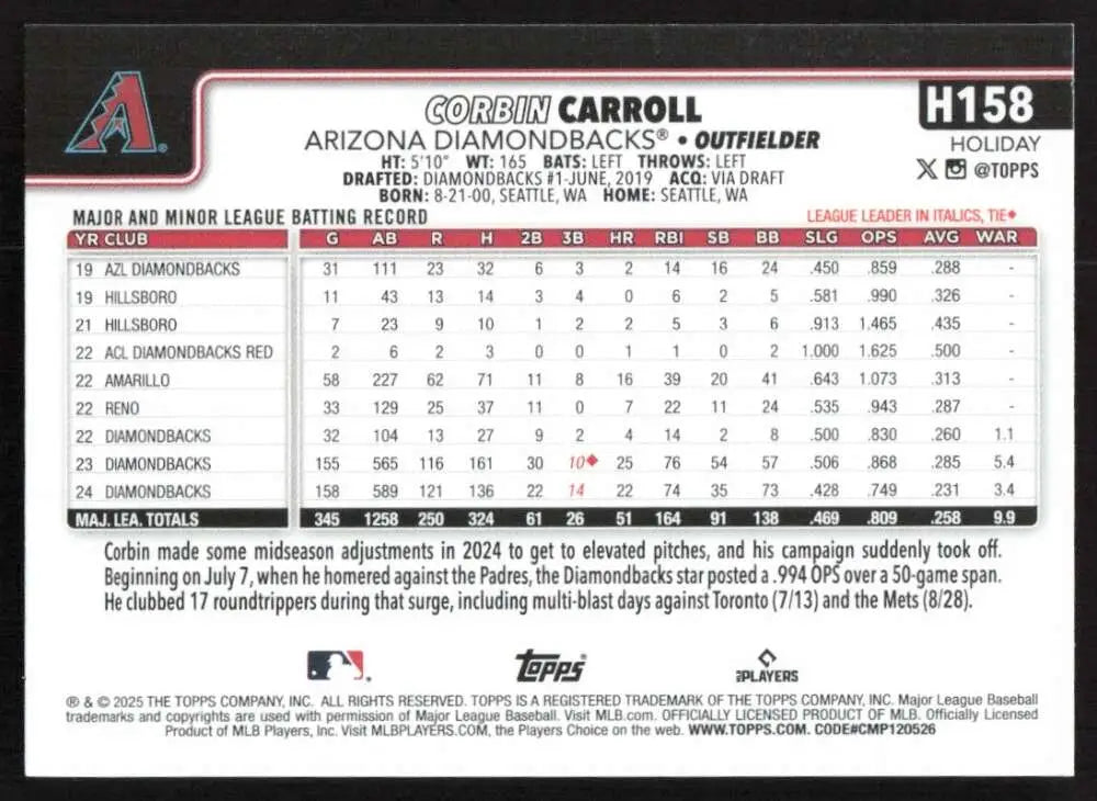 2025 Topps Holiday #H158 Corbin Carroll NM-MT Arizona Diamondbacks Baseball Card - Baseball Card Single