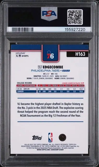 2025 Topps Holiday #H163 VJ Edgecombe RC PSA 9 - Basketball Card Single