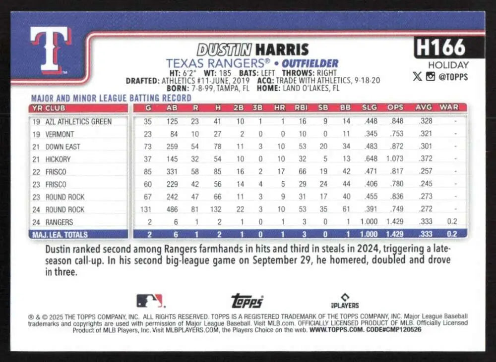 2025 Topps Holiday #H166 Dustin Harris NM-MT RC Rookie Texas Rangers Baseball Card - Baseball Card Single