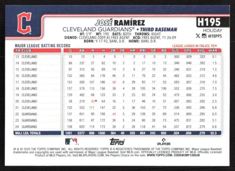 2025 Topps Holiday #H195 Jose Ramirez NM-MT Cleveland Guardians Baseball Card - Baseball Card Single