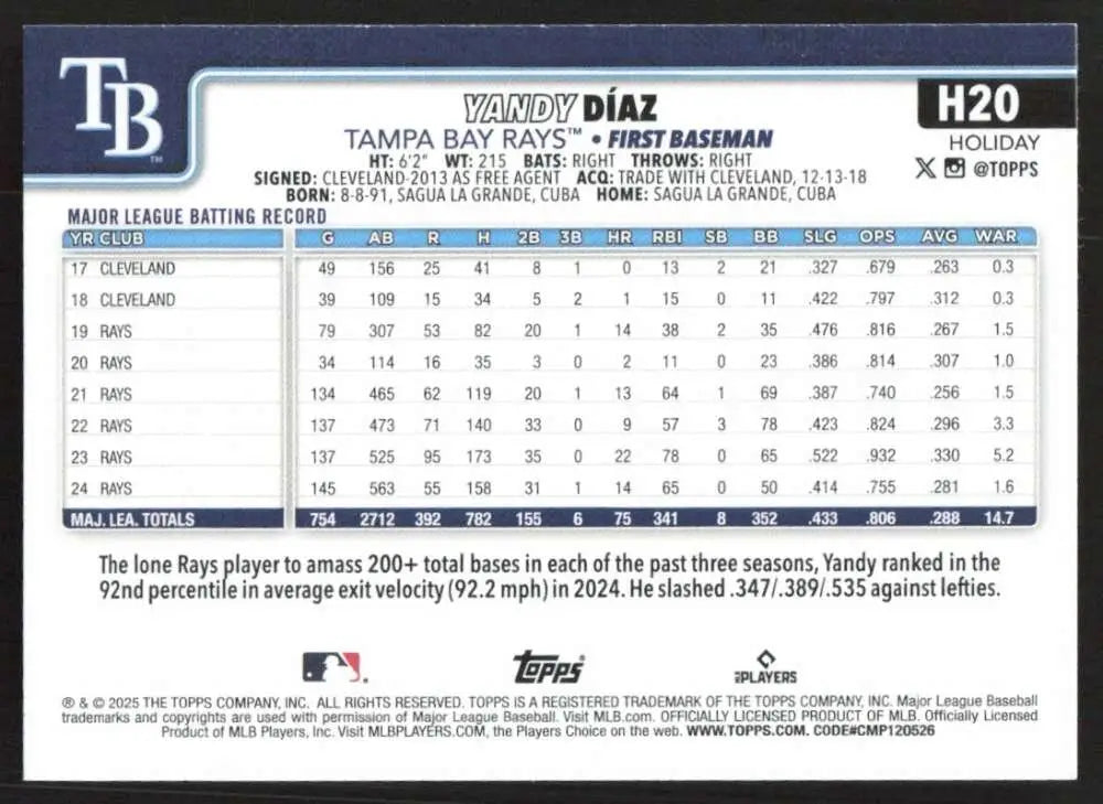 2025 Topps Holiday #H20 Yandy Diaz NM-MT Tampa Bay Rays Baseball Card - Baseball Card Single