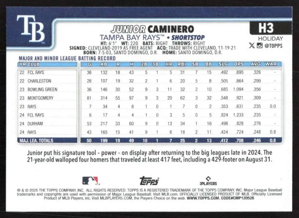 2025 Topps Holiday #H3 Junior Caminero NM-MT Tampa Bay Rays Baseball Card
