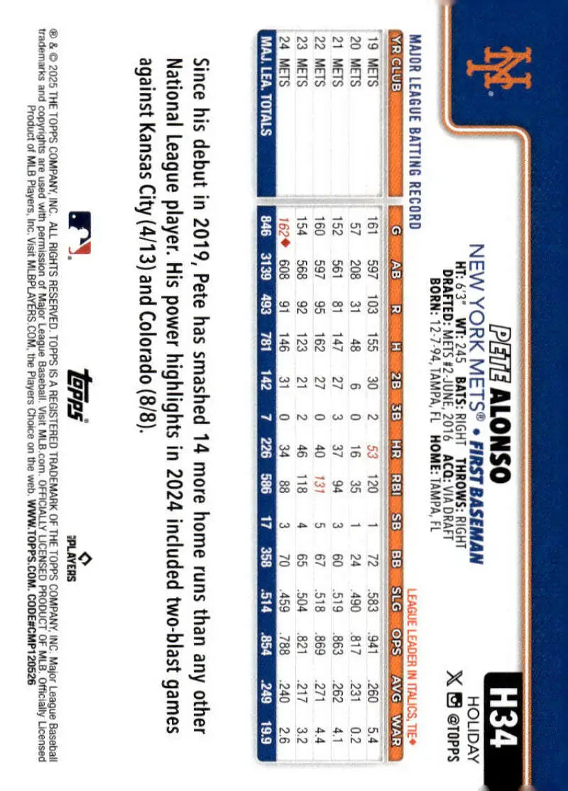 2025 Topps Holiday #H34 Pete Alonso NM-MT New York Mets Baseball Card - Baseball Card Single