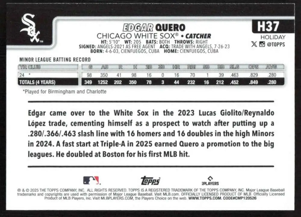2025 Topps Holiday #H37 Edgar Quero NM-MT RC Rookie Chicago White Sox Baseball Card - Baseball Card Single