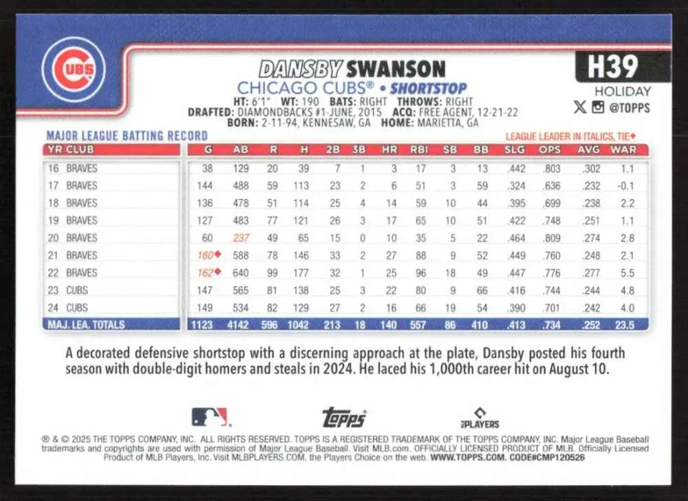 2025 Topps Holiday #H39 Dansby Swanson NM-MT Chicago Cubs Baseball Card - Baseball Card Single