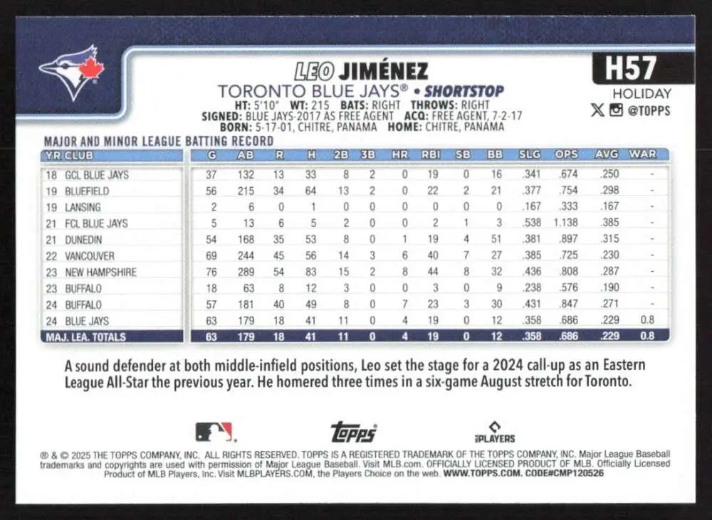 2025 Topps Holiday #H57 Leo Jimenez NM-MT RC Rookie Toronto Blue Jays Baseball Card - Baseball Card Single