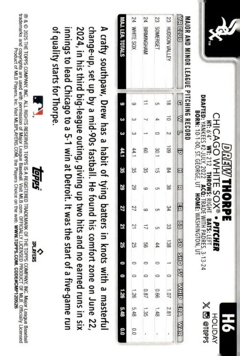 2025 Topps Holiday #H6 Drew Thorpe NM-MT RC Rookie Chicago White Sox Baseball Card - Baseball Card Single