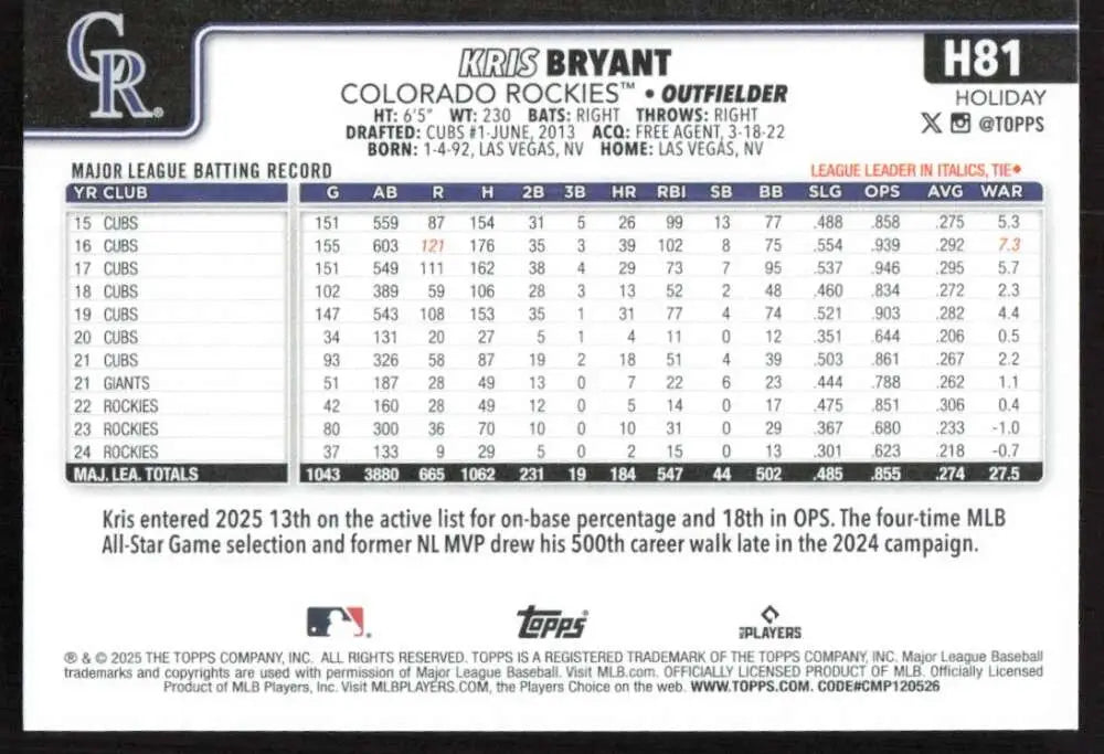 2025 Topps Holiday #H81 Kris Bryant NM-MT Colorado Rockies Baseball Card - Baseball Card Single