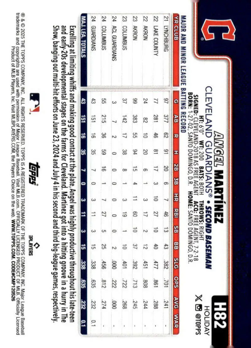2025 Topps Holiday #H82 Angel Martinez NM-MT RC Rookie Cleveland Guardians Baseball Card - Baseball Card Single