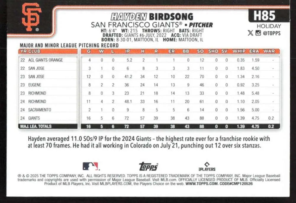 2025 Topps Holiday #H85 Hayden Birdsong NM-MT RC Rookie San Francisco Giants Baseball Card - Baseball Card Single