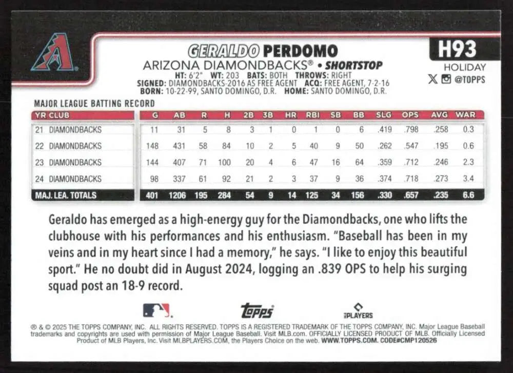 2025 Topps Holiday #H93 Geraldo Perdomo NM-MT Arizona Diamondbacks Baseball Card - Baseball Card Single