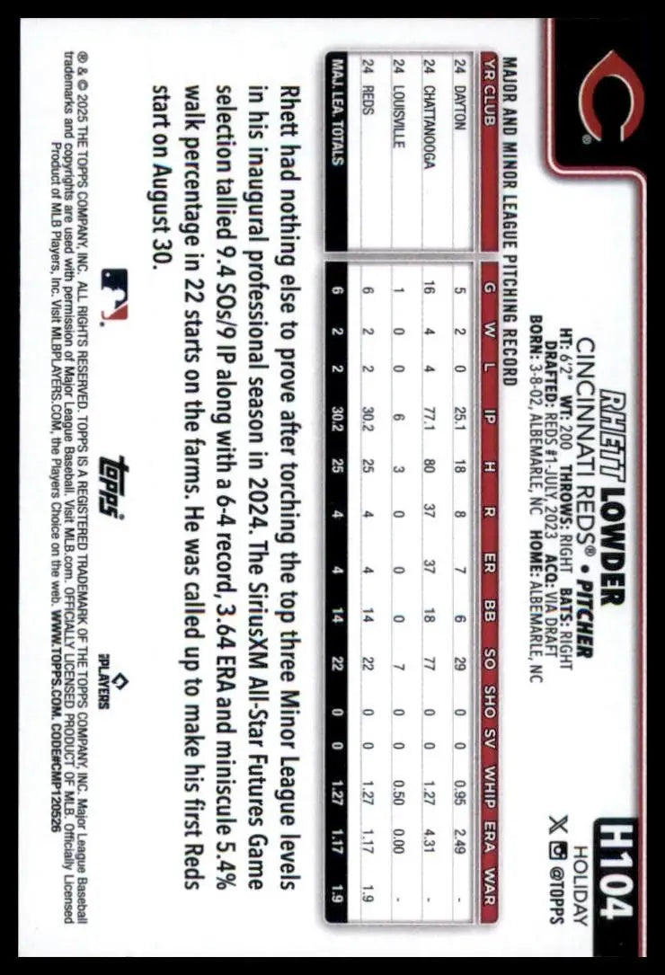 2025 Topps Holiday Rhett Lowder Rookie #H104 Cincinnati Reds Baseball Card MLB - Baseball Card