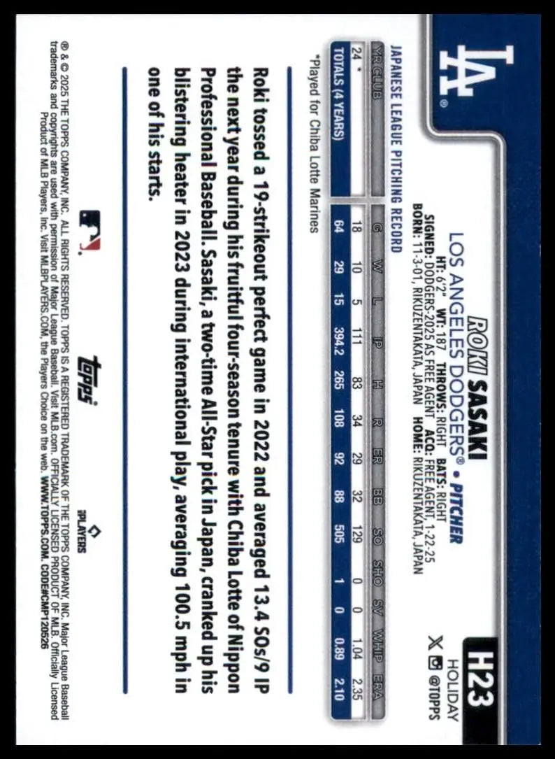 2025 Topps Holiday Roki Sasaki Rookie #H23 Los Angeles Dodgers Baseball Card MLB - Baseball Card