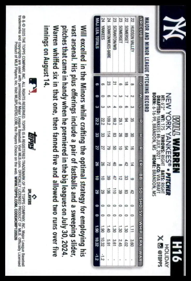 2025 Topps Holiday Will Warren Rookie #H16 New York Yankees Baseball Card MLB - Baseball Card Single