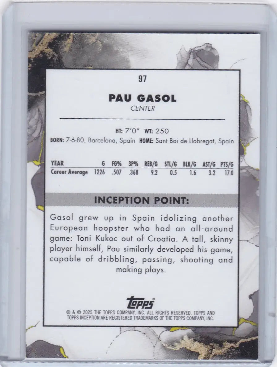 Basketball trading card of Paul Gasol from Los Angeles Lakers Topps Inception series
