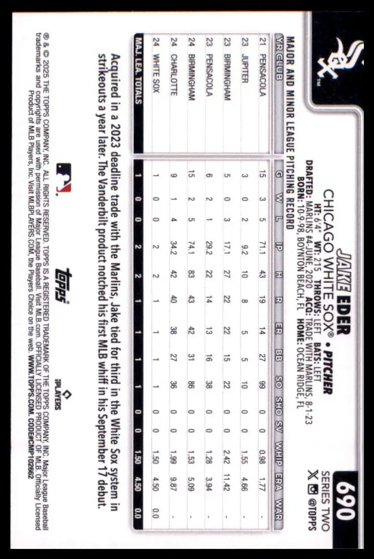2025 Topps Jake Eder RC 690 Chicago White Sox NM - Baseball Card Single