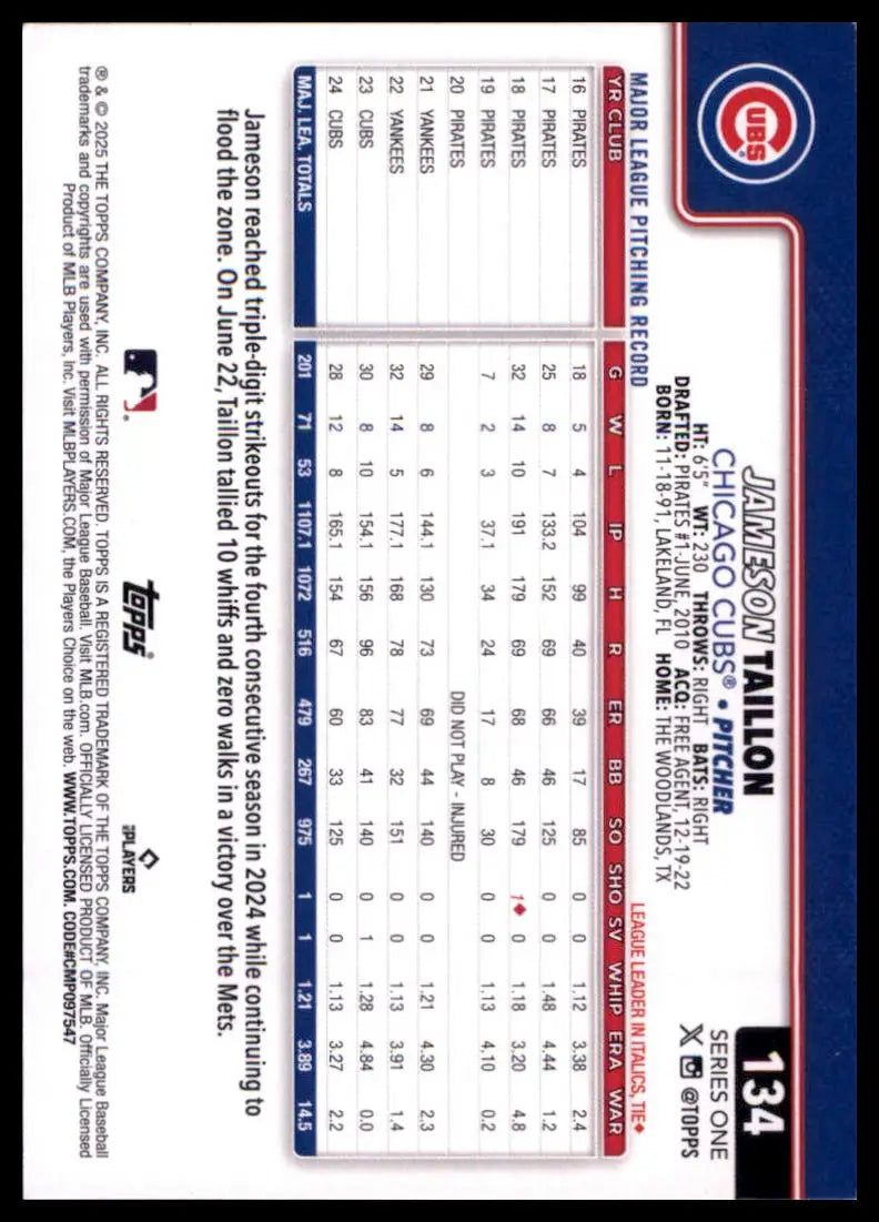2025 Topps Jameson Taillon 134 Chicago Cubs NM - Baseball Card Single