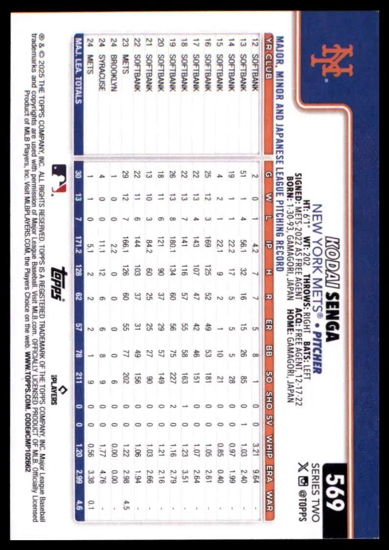 2025 Topps Kodai Senga 569 New York Mets NM - Baseball Card Single