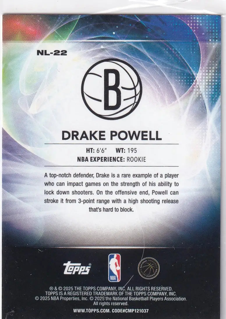 2025 TOPPS #NL-22 DRAKE POWELL NO LIMIT- BROOKLYN NETS - Basketball Card Single