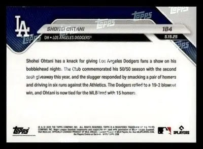 2025 Topps Now #184 Shohei Ohtani 2 HR 6 RBI Night - Baseball Card Single