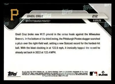 2025 Topps Now #212 Oneil Cruz 122.9 MPH HR Breaks Records - Gold #/50 - Baseball Card Single