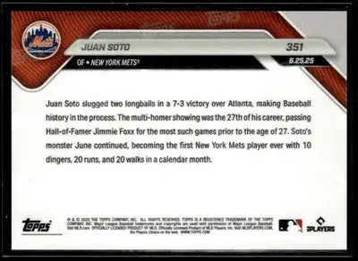 2025 Topps Now #351 Juan Soto Passes Foxx for most multi-HR games - Baseball Card Single