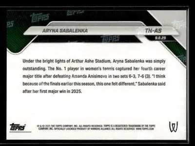 2025 Topps Now Aryna Sabalenka #TN-AS 4th Career Major - Other