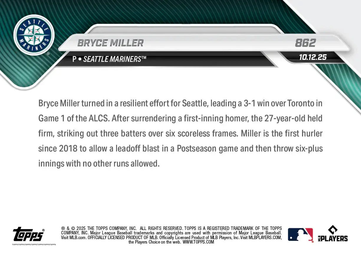 2025 Topps Now Bryce Miller Card 862 1st Career Postseason Win Mariners - Baseball Card Single