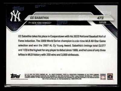 2025 Topps Now CC Sabathia #473 Gold Foil SN #/50 New York Yankees