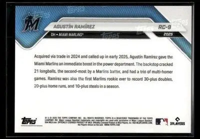 2025 Topps Now Rookie Cup Agustin Ramirez #RC-9 Miami Marlins - Baseball Card Single