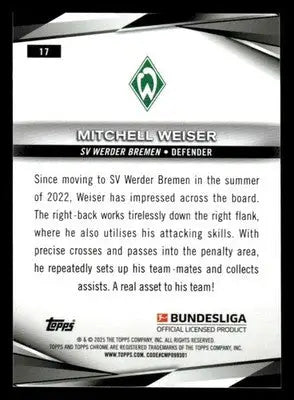 2025 Topps Sapphire Edition Bundesliga #17 Mitchell Weiser - Soccer Card Single