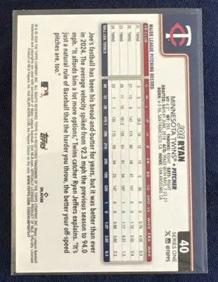 2025 Topps Series 1 Joe Ryan Holo Foil #40 Minnesota Twins - Baseball Card Single