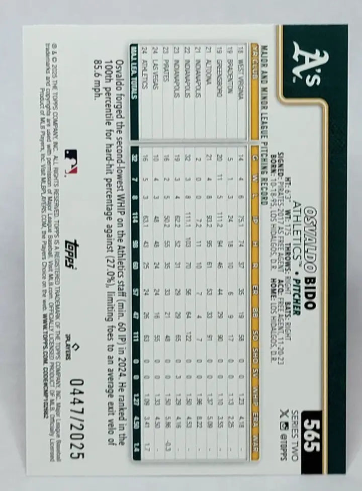 Osvaldo Bido baseball trading card from 2025 Topps Series 2 GOLD #565