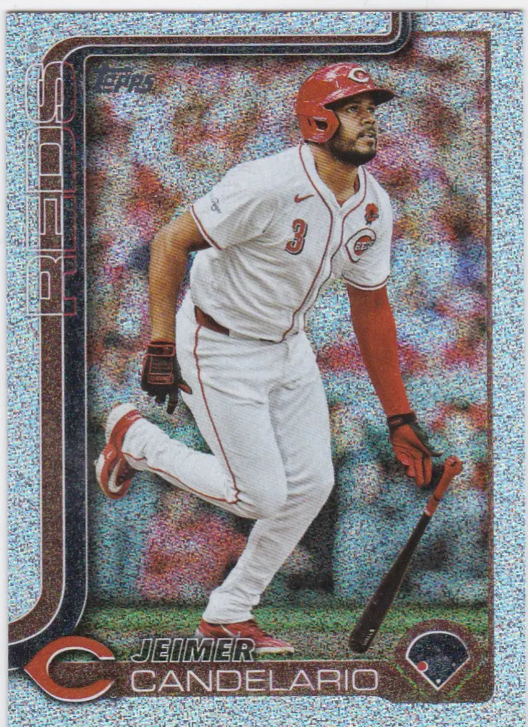 Baseball trading card of Jeimer Candelario Cincinnati Reds from 2025 Topps Silver Sandglitter