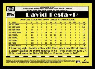 2025 Topps #T90-67 David Festa 1990 Topps Baseball 35th Anniversary - Baseball Card Single